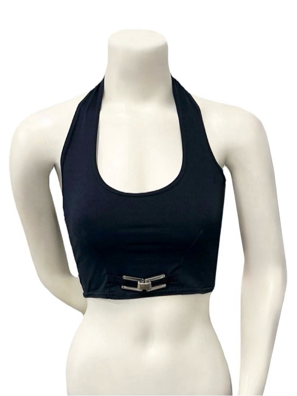 Vintage PROGRESS Black Halter Crop Top Silver Hardware Buckle Clubwear S/M